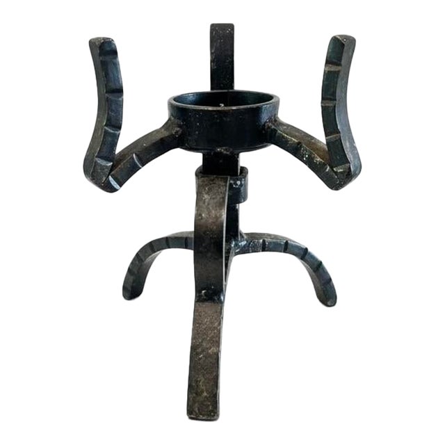 Vintage Brutalist Wrought Iron Candlestick Holder-Hand Forged-Tripod-MCM-Gothic For Sale