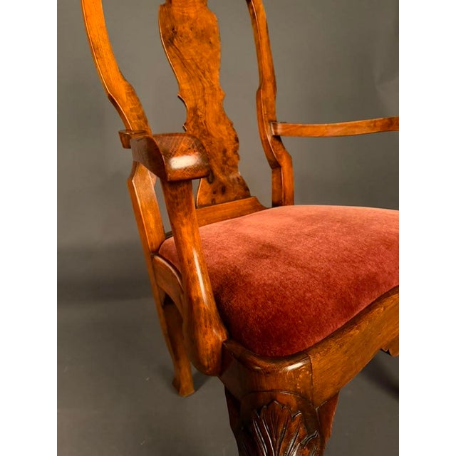 Set of 8 English Queen Anne Style Dining Chairs, Burl Walnut & Beechwood, 2 Armchairs and 6 Side Chairs, Circa 1890 For Sale - Image 9 of 13