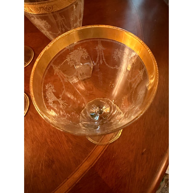 Antique Cambridge Etch 701 - 7" Water Goblets - Etched W/Gold Bands - Set of 8 For Sale - Image 9 of 18