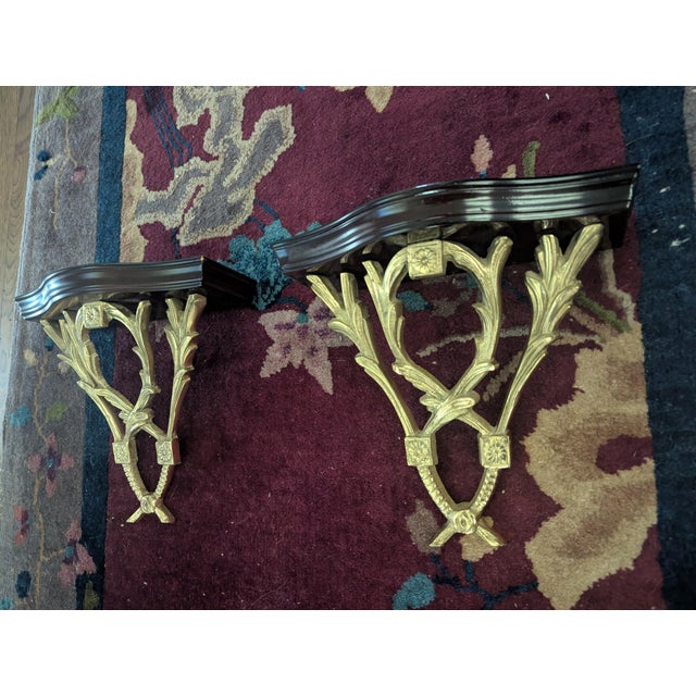 Vintage Chelsea House Polished Brass Laurel Leaves and Wood Decorative Wall Brackets- A Pair For Sale - Image 12 of 17