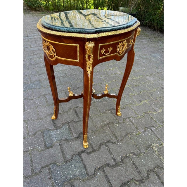 Brown 1960s French Louis XVI Mahogany Green Marble Side Center Table For Sale - Image 8 of 8