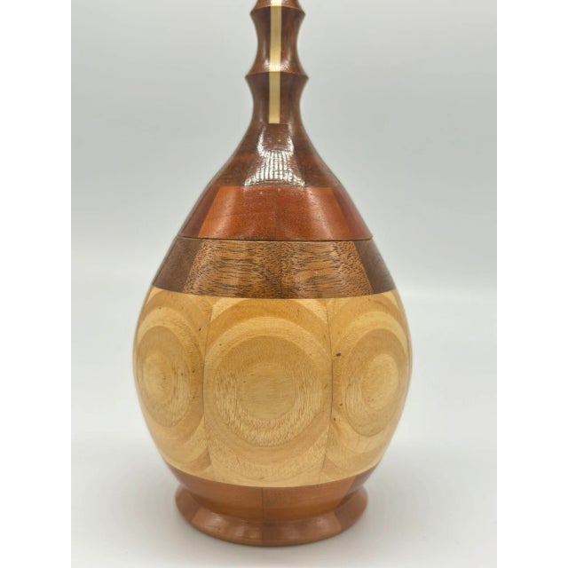 Brown Hand Carved Marquetry Inlay Pear Shaped Vessel With Lid For Sale - Image 8 of 9