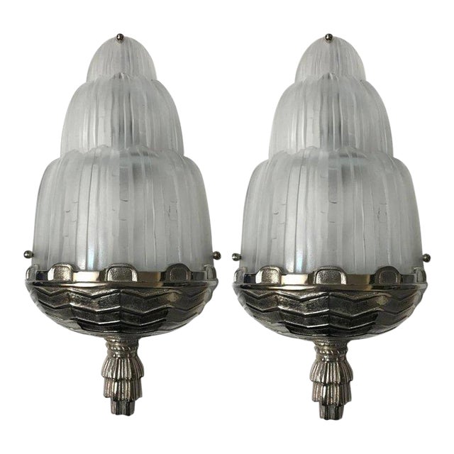 French Art Deco "Waterfall" Sconces Signed by Sabino - a Pair For Sale