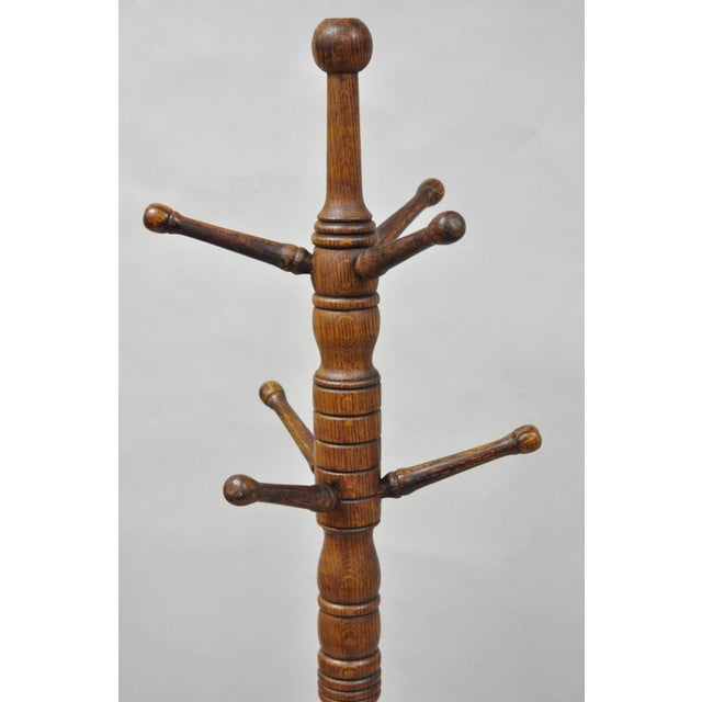 Early 20th Century Antique Arts & Crafts Mission Oak Wood Carved Hoof Foot Standing Coat Rack Tree For Sale - Image 5 of 14