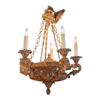 Antique French Patinated Wood Urn Form 5-Light Chandelier For Sale