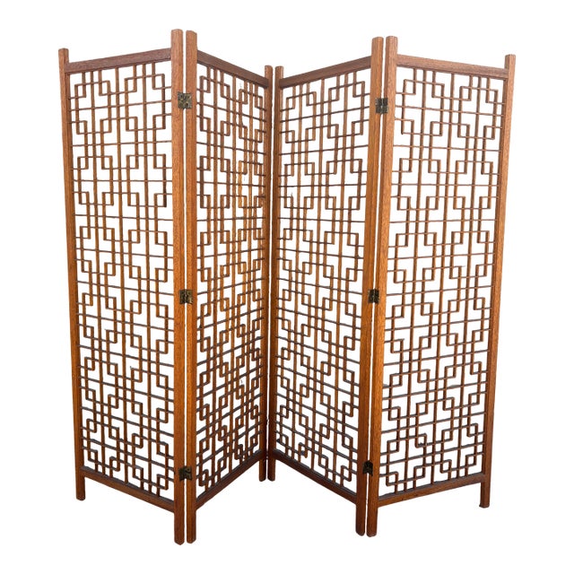 Mid 20th Century Teak Four Panel Room Divider Screen For Sale