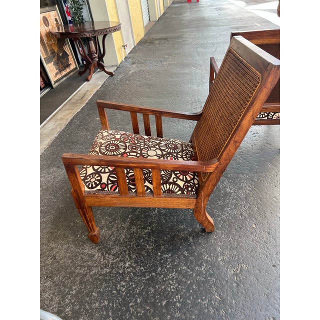 Mission Vintage Mid Century Wood & Cane Back Chairs With Pillows - 6 For Sale - Image 3 of 10