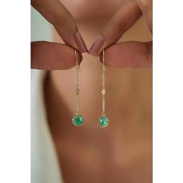 Contemporary 2.15ct Emerald & Diamond Floating Drop Earrings in 14k Gold- 2 Pieces For Sale - Image 11 of 14