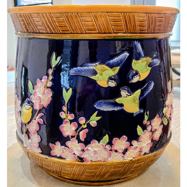 George Jones & Sons Antique English Victorian George Jones & Sons Majolica Jardinière, Blue Birds & Blooms, Circa 1875 For Sale - Image 4 of 15
