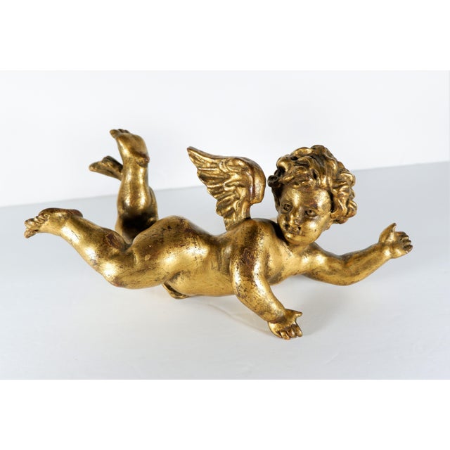 Gold Antique Wood Carved Gold Gilt Flying Winged Putti For Sale - Image 8 of 8