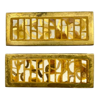 1970s Post Mid Century Cast Brass W/Ceramic Yellow, White, & Gold Tiled Furniture Handles - a Pair For Sale