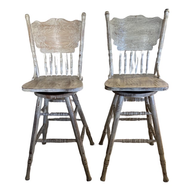 1980s Rustic Distressed Whitewash Farmhouse Swivel Barstools For Sale