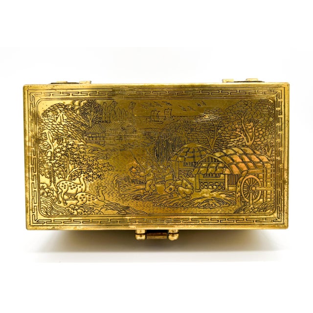 Metal Vintage Chinese Etched Brass Box For Sale - Image 7 of 11