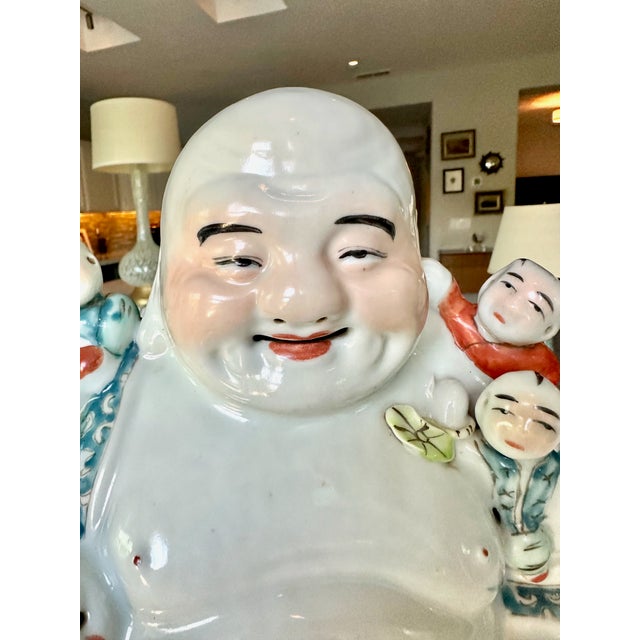 Antique Qing Chinese Famille Rose Porcelain Statue Laughing Buddha For Sale - Image 10 of 17