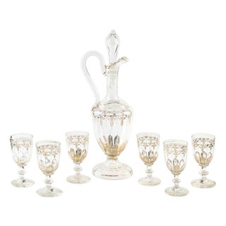 Vintage Glass Carafe with Bottles, Early 20th Century, Set of 7 For Sale