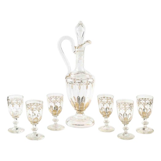Vintage Glass Carafe with Bottles, Early 20th Century, Set of 7 For Sale