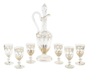 Vintage Glass Carafe with Bottles, Early 20th Century, Set of 7