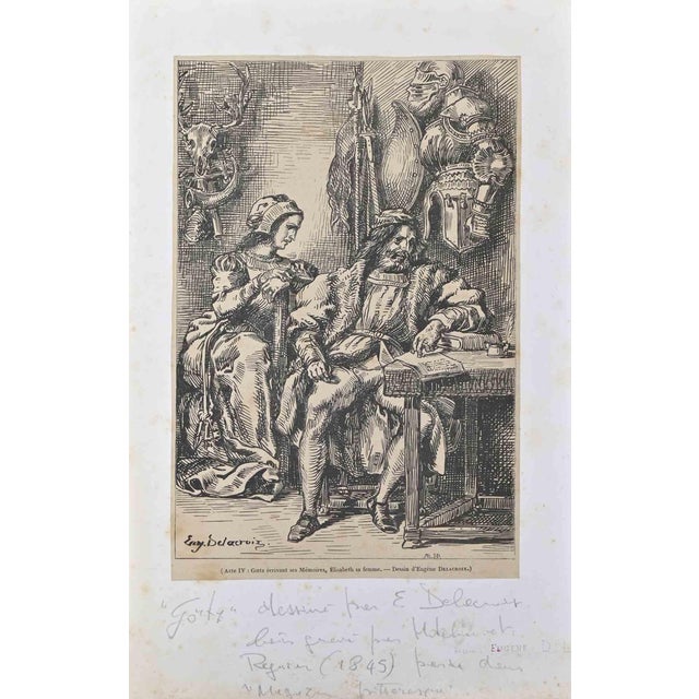 After E. Delacroix, Goetz Von Berlichingen Writing His Memories, Woodcut, 1845 For Sale