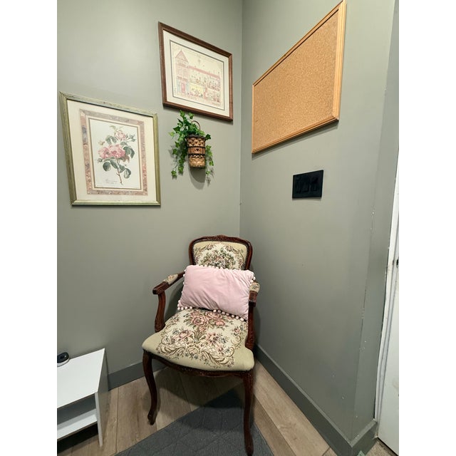 1950s 1950s French Louis XV Style Armchair Featuring a Carved Wood Frame and Needlepoint Tapestry Upholstery Depicting a Romantic Pastoral Scene For Sale - Image 5 of 6