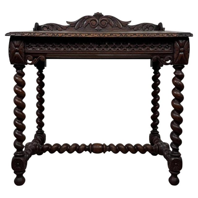 19th Antique Century English Victorian Carved Oak Writing Table with Leather Top For Sale - Image 11 of 11