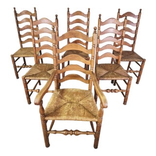 Set of Six French Country Rustic Ladderback Dining Chairs With Woven Rush Seats For Sale