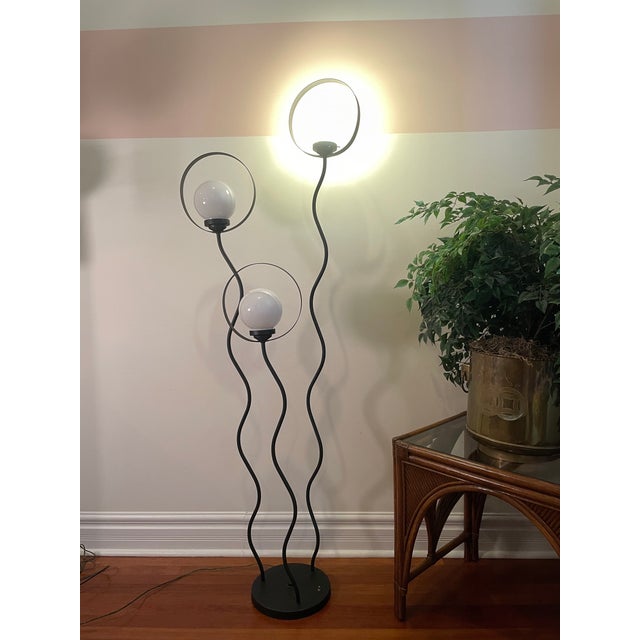 Postmodern 1980s Postmodern Black Metal Triple Globe Floor Lamp With Halo Rings For Sale - Image 3 of 8