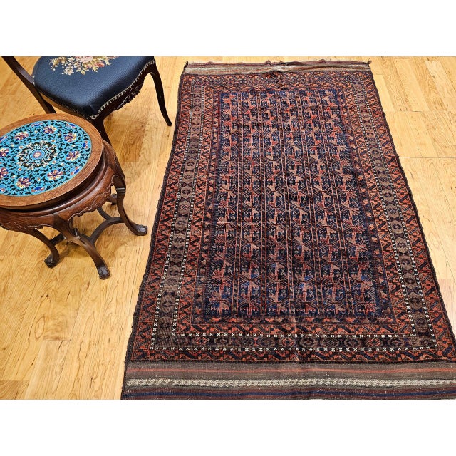 Vintage Baluch Tribal Area Rug in Allover Geometric Pattern in Navy Blue, Brown, Dark Red For Sale - Image 12 of 18