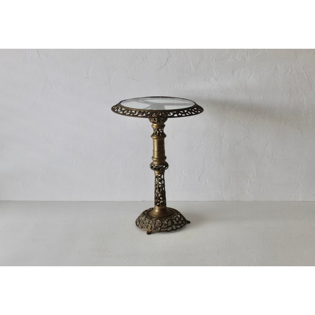 1970s 1970s Pierced Reticulated Brass Pedestal Glass Top Drinks Side Table For Sale - Image 5 of 18
