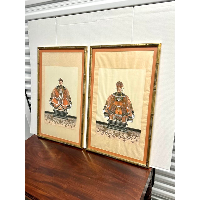 Mid-Century Modern 70s Ancestral Portraits on Silk, a Pair For Sale - Image 3 of 11