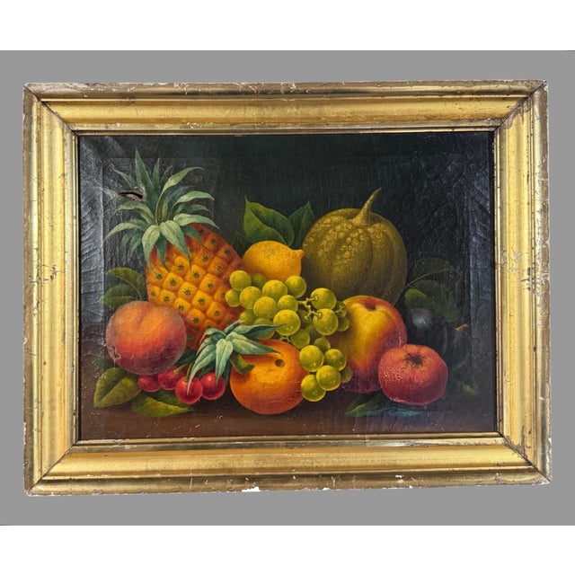 Textile Primitive Antique Country Gilt Framed Still Life Oil Painting Canvas W Pineapple For Sale - Image 7 of 12