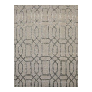 9x12 Gray Hand-Knotted Wool Viscose Linked Lattice Geometric Modern Carpet Rug For Sale