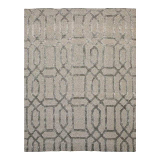 9x12 Gray Hand-Knotted Wool Viscose Linked Lattice Geometric Modern Carpet Rug For Sale