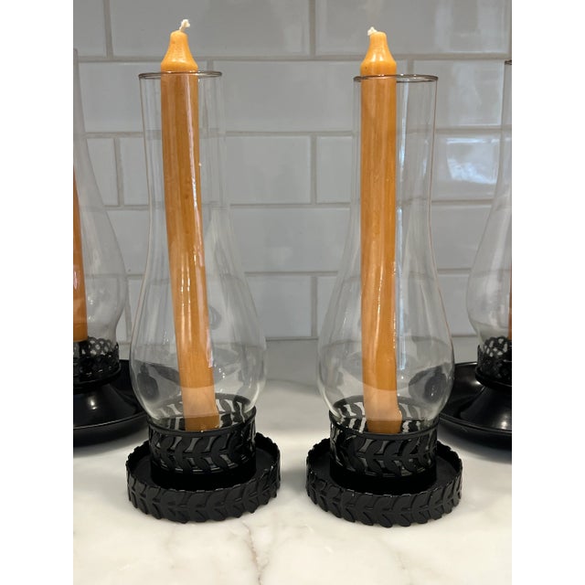 6 Vintage 1960's Black Metal and Glass Indoor/Outdoor Hurricane Candle Holders For Sale - Image 11 of 11
