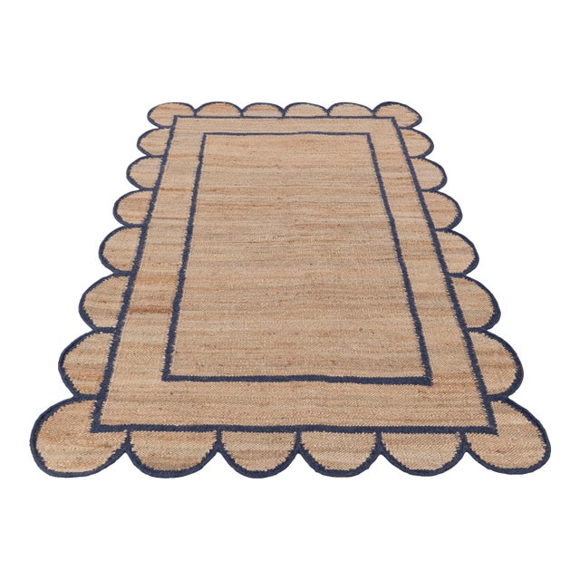 Navy Jute Wool Premium Handwoven Scalloped Rug 10x14 Ft. For Sale