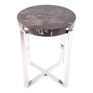 Round Petrified Wood Top W Stainless Steel Stand Accent Table or Side Table 72 For Sale