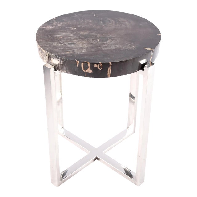 Round Petrified Wood Top W Stainless Steel Stand Accent Table or Side Table 72 For Sale