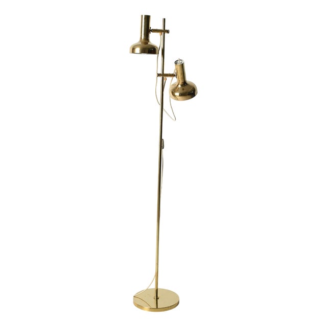 Scandinavian Brass Floor Lamp with Two Adjustable Light Points from Sölken Leuchten, 1960s For Sale