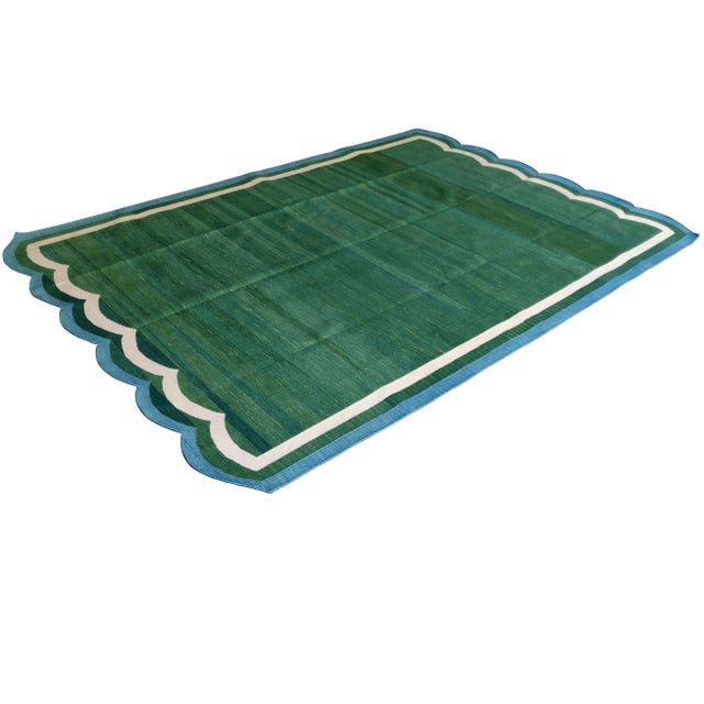 Contemporary Handmade Cotton Scalloped Rug, Forest Green with Cream and Blue Trim 4'x6' For Sale - Image 3 of 9