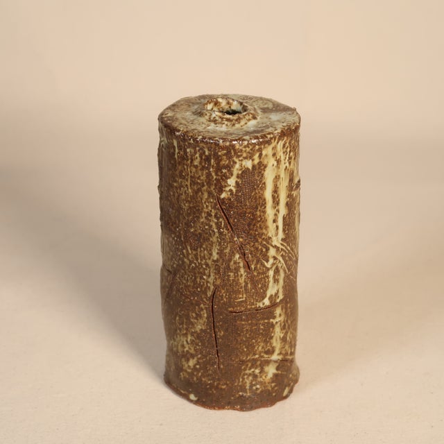 Late 20th Century Vintage Wabi Sabi Earth Tone Tall Cylindrical Studio Pottery Bud Vase For Sale - Image 5 of 8