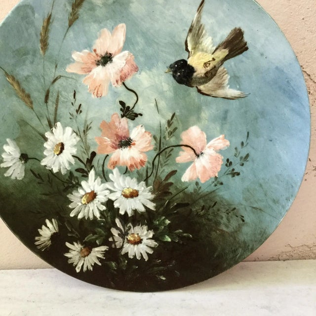 Charming 19th Century French Majolica painted Platter bird and white daisy and poppies signed Longwy. Impressionist Period.