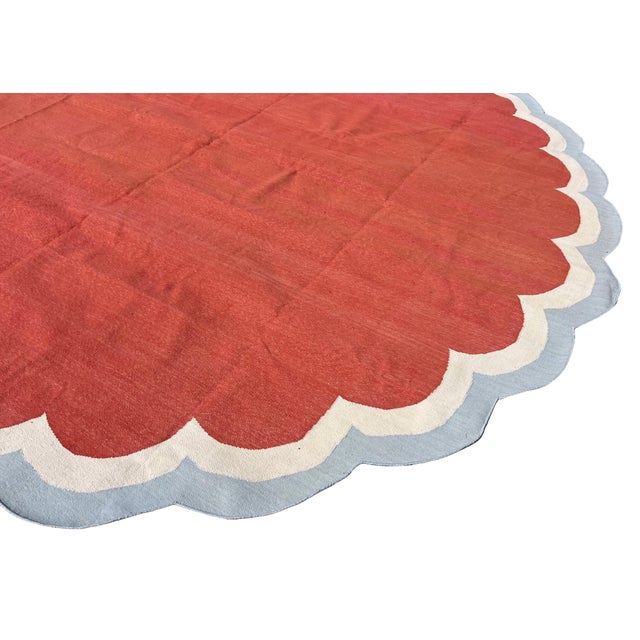 Handmade Cotton Round Scalloped Rug, Terracotta, Cream and Light Blue Round Dhurrie-9' Round For Sale - Image 13 of 13