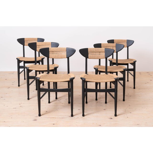 Scandinavian Modern Dining Chairs with Rope Seating and Backrest, 1960s, Set of 6, in Restored conditions. Designed 1960...