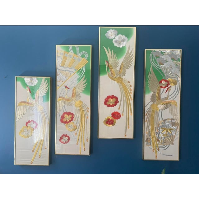 Japanese Japanese Kimono Silk Phoenix Embroidered Panels, Four-Panel Set, Mid 20th Century For Sale - Image 3 of 18