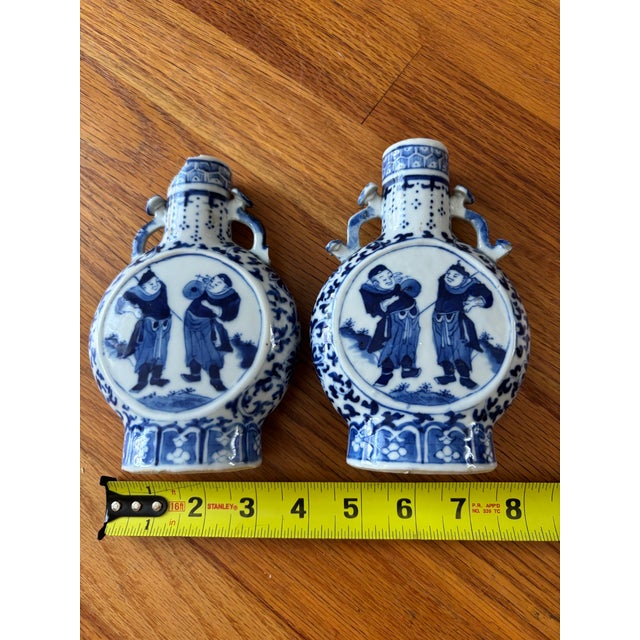 Late 19th Century Qing Dynasty Chinese Blue & White Porcelain Miniature Moon Flask Vases - Pair For Sale - Image 10 of 10