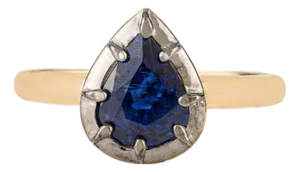 18k Gold Pear Cut Deep 1.52 Ct Blue Sapphire Art Deco Bezel Set Ring Size 6