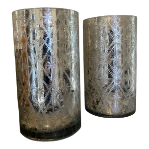 Large Scale Antiqued Silvered Cut Glass Hurricanes - a Pair