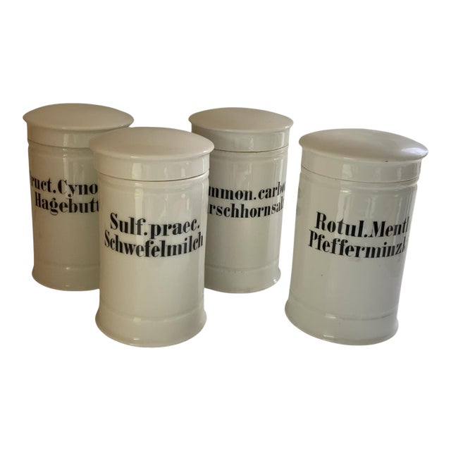 Antique Complete Cohesive Set of 4 Hertel, Jacob & Co White Porcelain Apothecary Jars W/Lids Made in Germany 1913-1920 For Sale