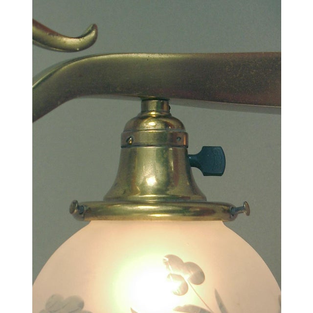 1910s Art Nouveau Wall Sconce, Solid Brass, Etched Ball Shade For Sale - Image 4 of 5