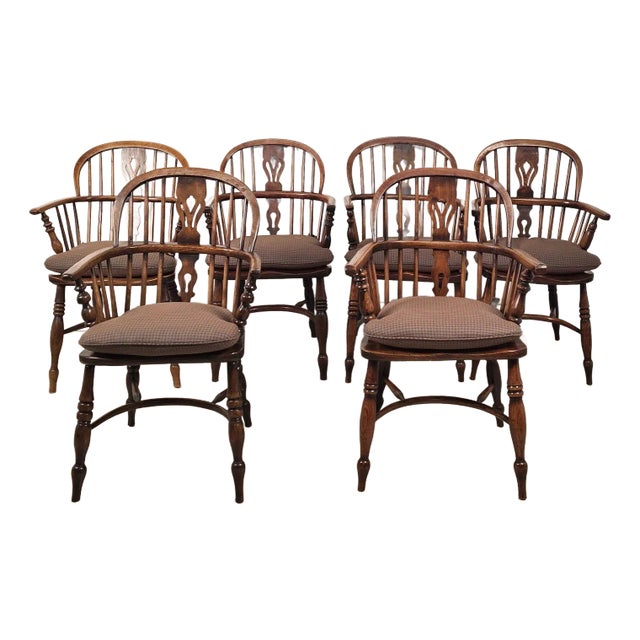 Set of Six Antique English Oak Windsor Armchairs, 19th Century For Sale