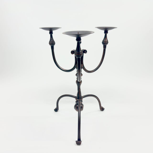 Metal Hand Forged Iron Candelabra 19.5″ (50cm) Antique Copper Finish Wide & Conversation Friendly Tabletop Centerpiece For Sale - Image 7 of 8